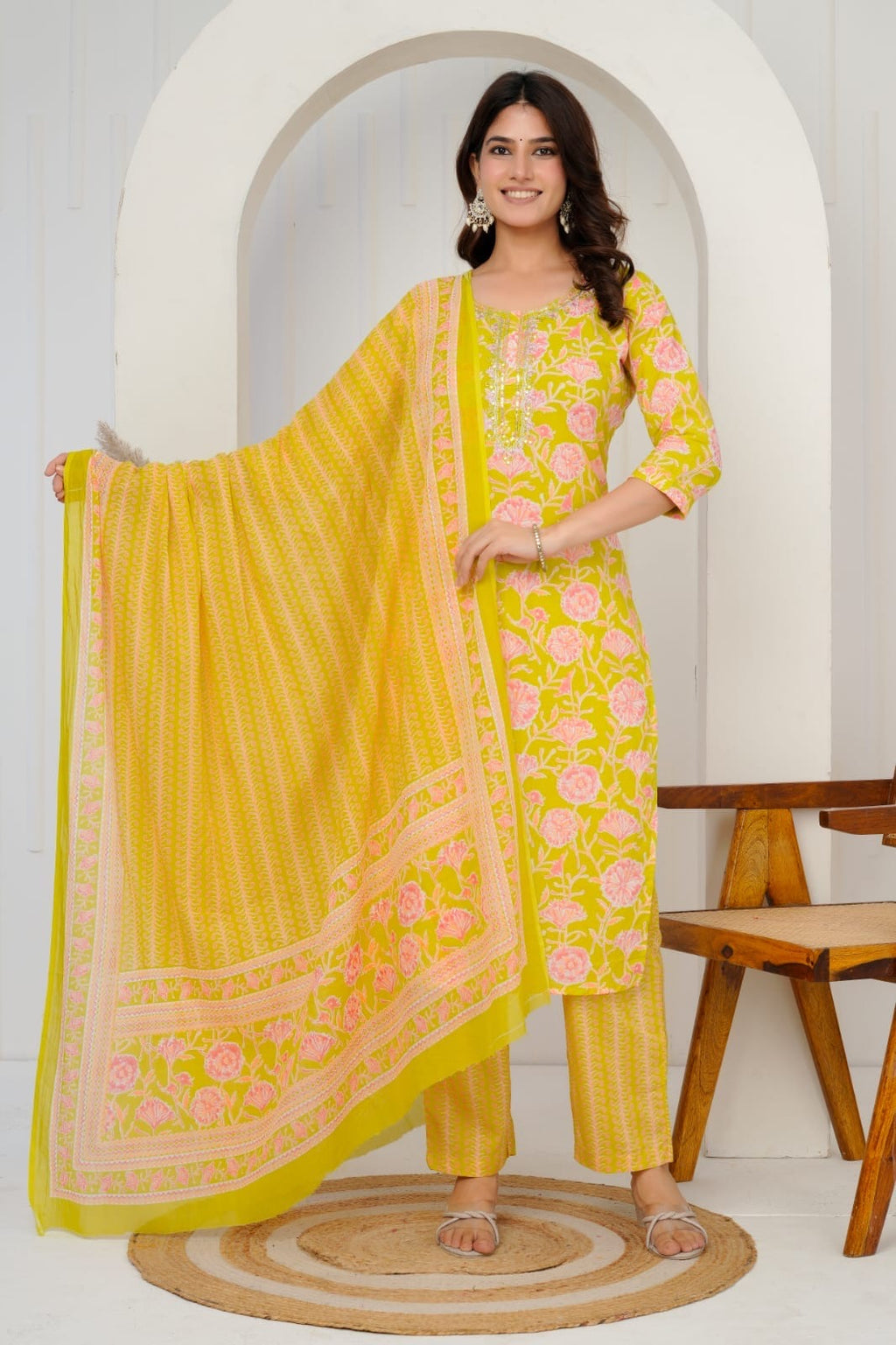 Lemon Yellow & Teal Pure Cotton Chudidhar Set with Subtle Sequin Detailing