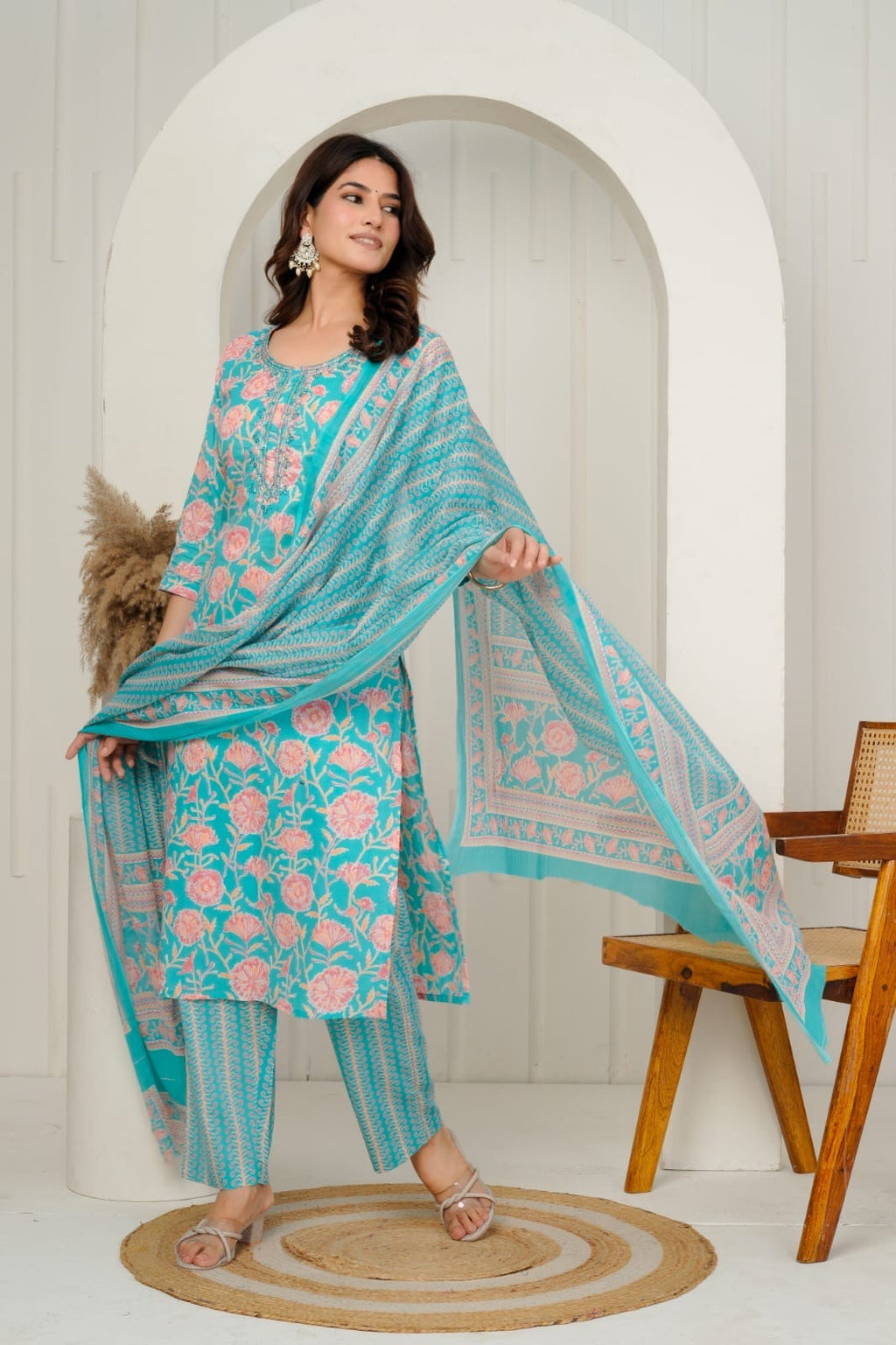 Lemon Yellow & Teal Pure Cotton Chudidhar Set with Subtle Sequin Detailing