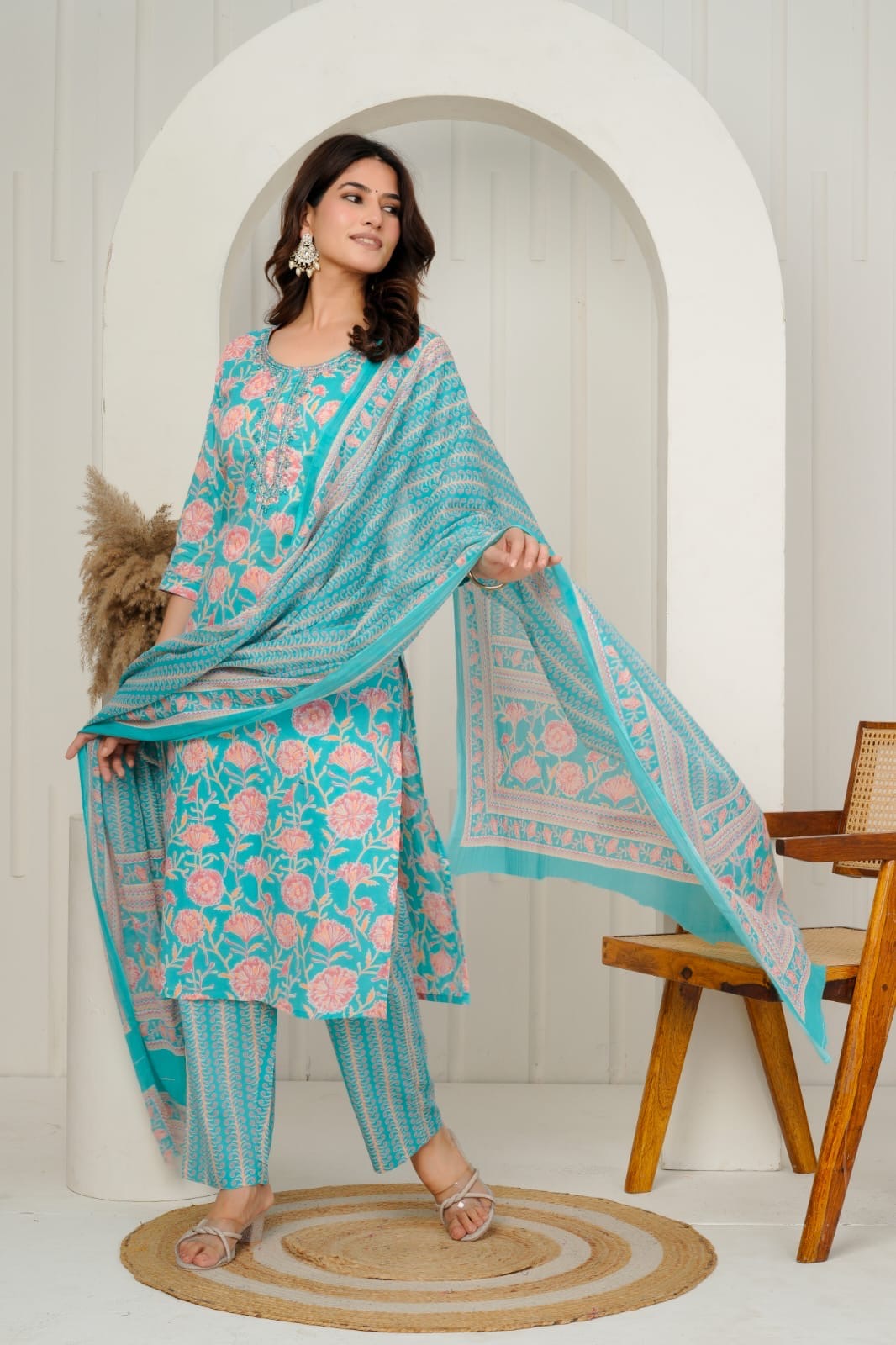 Lemon Yellow & Teal Pure Cotton Chudidhar Set with Subtle Sequin Detailing
