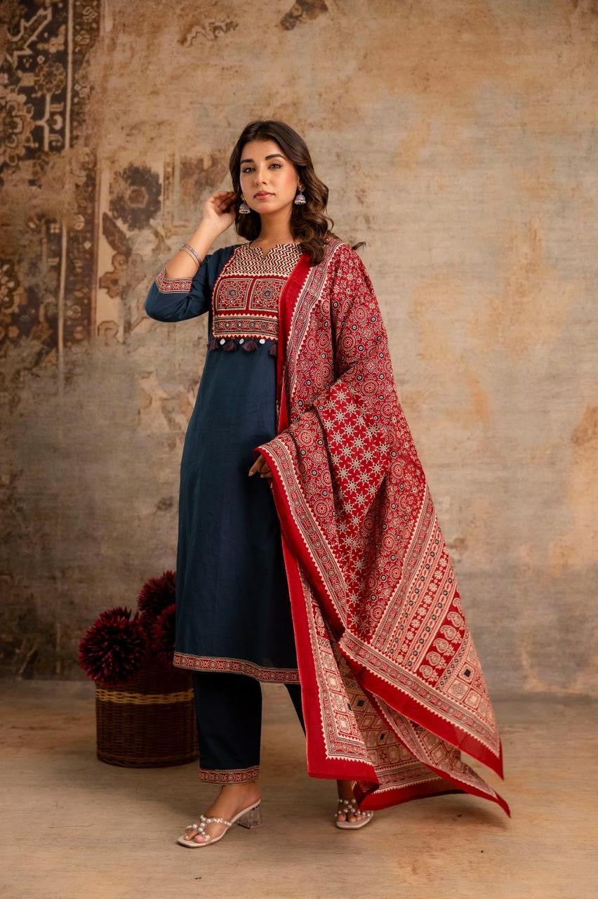 Maroon & Dark Blue Pure Cotton Embroidered Chudidhar – Festive Edition