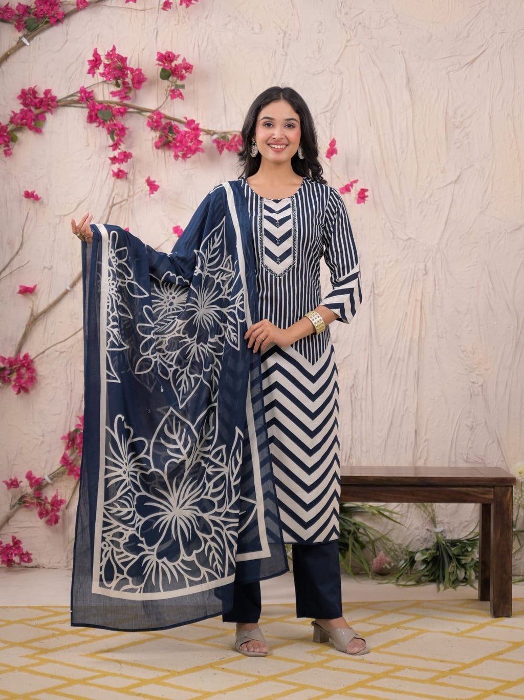 Golden Yellow & Navy Blue Pure Cotton Chudidhar Set with Traditional Embroidery