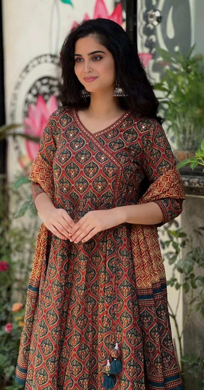 Rust Brown Pure Cotton Chudidhar Set with Hand Embroidery Work
