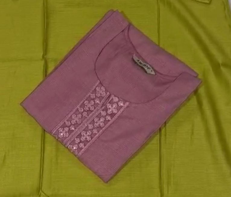 Pista Green & Baby Pink Soft Fabric Top with Embroidery Work