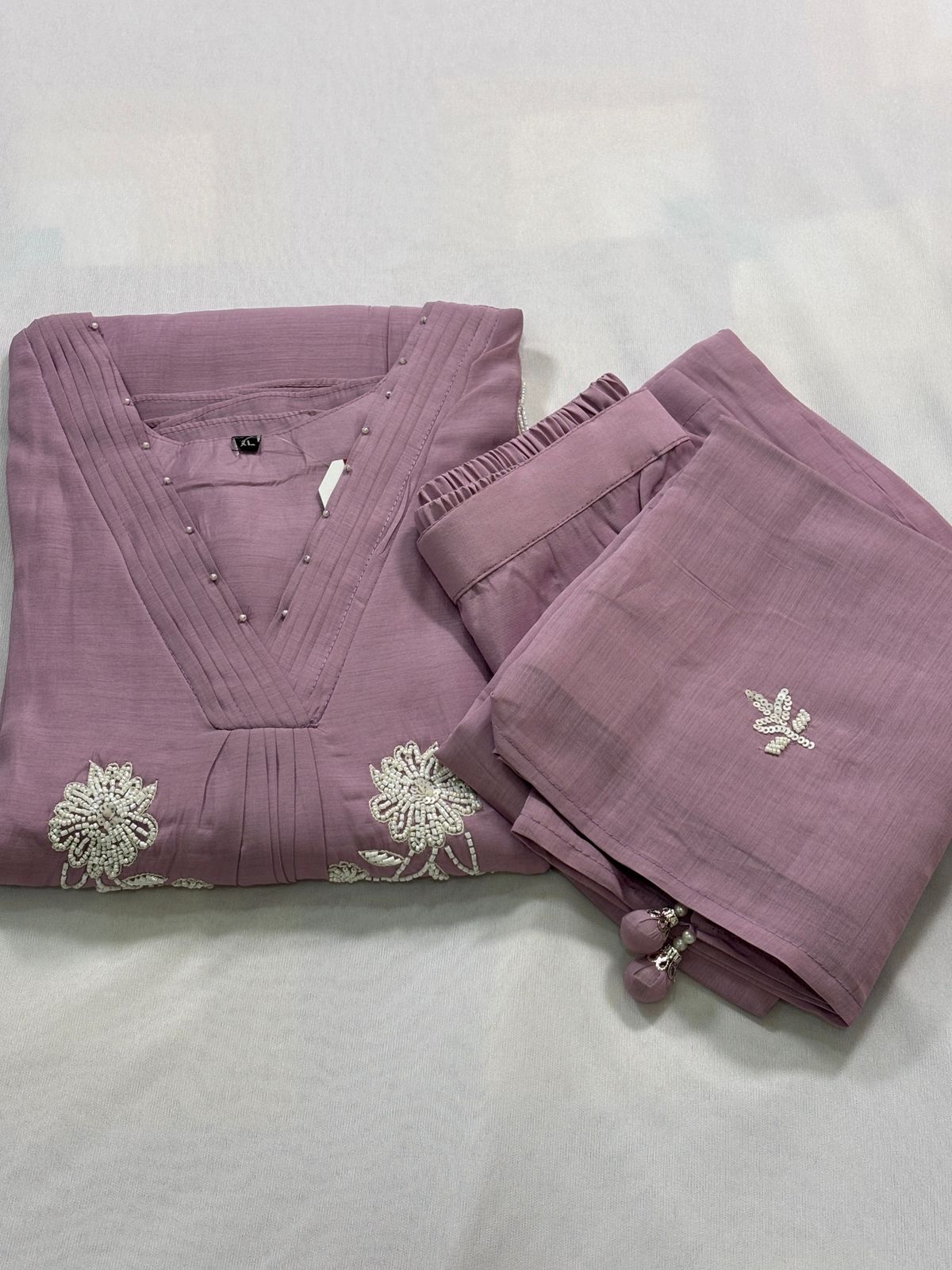 Lavender Mul Chanderi Chudidhar Set with Embroidery Work