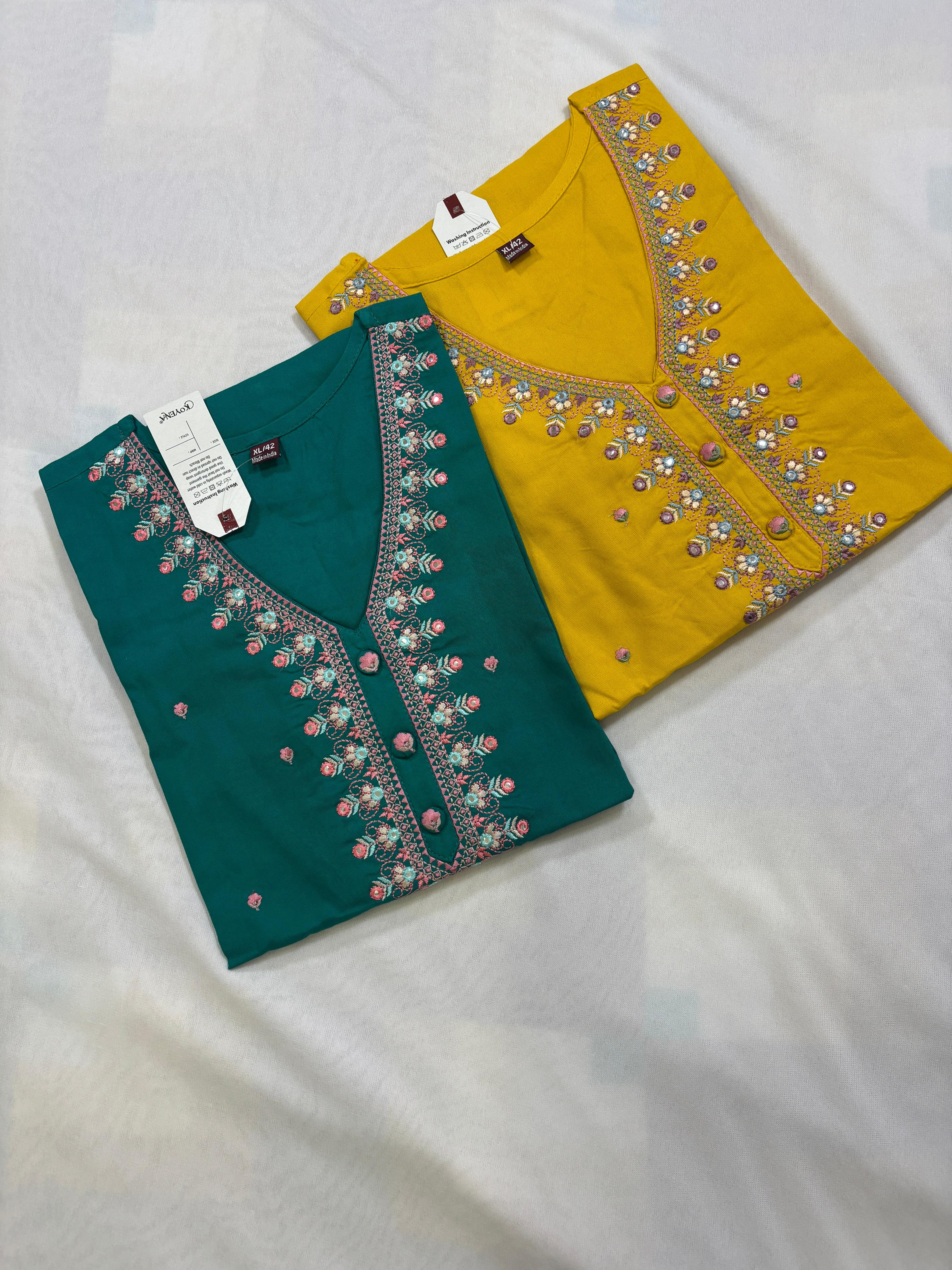 Mustard Yellow & Teal Green Soft Fabric Top with Embroidery Work