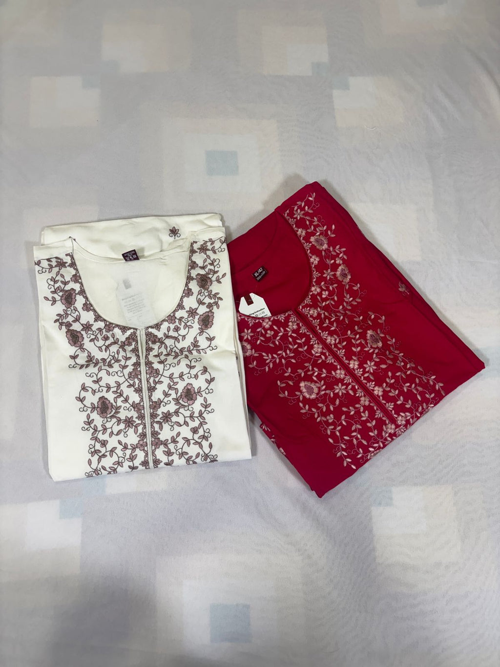 White & Dark Pink Soft Fabric Top with Embroidery Work