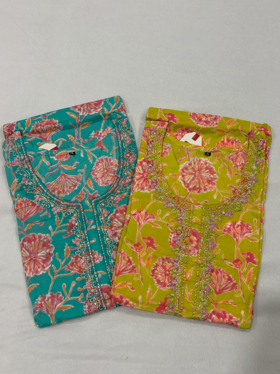 Lemon Yellow & Teal Pure Cotton Chudidhar Set with Subtle Sequin Detailing