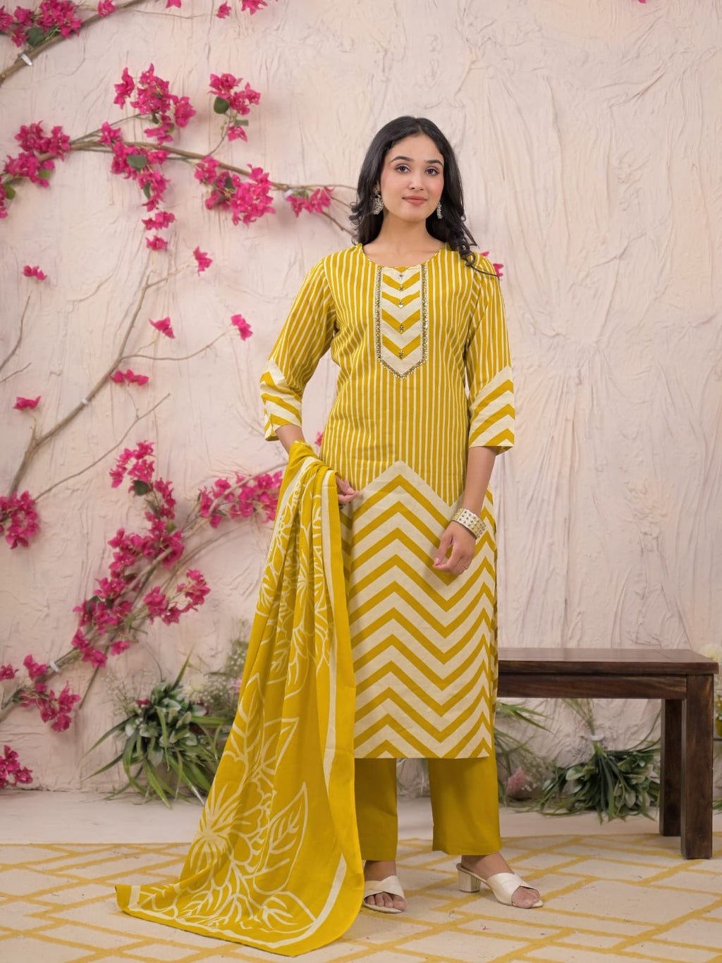 Golden Yellow & Navy Blue Pure Cotton Chudidhar Set with Traditional Embroidery