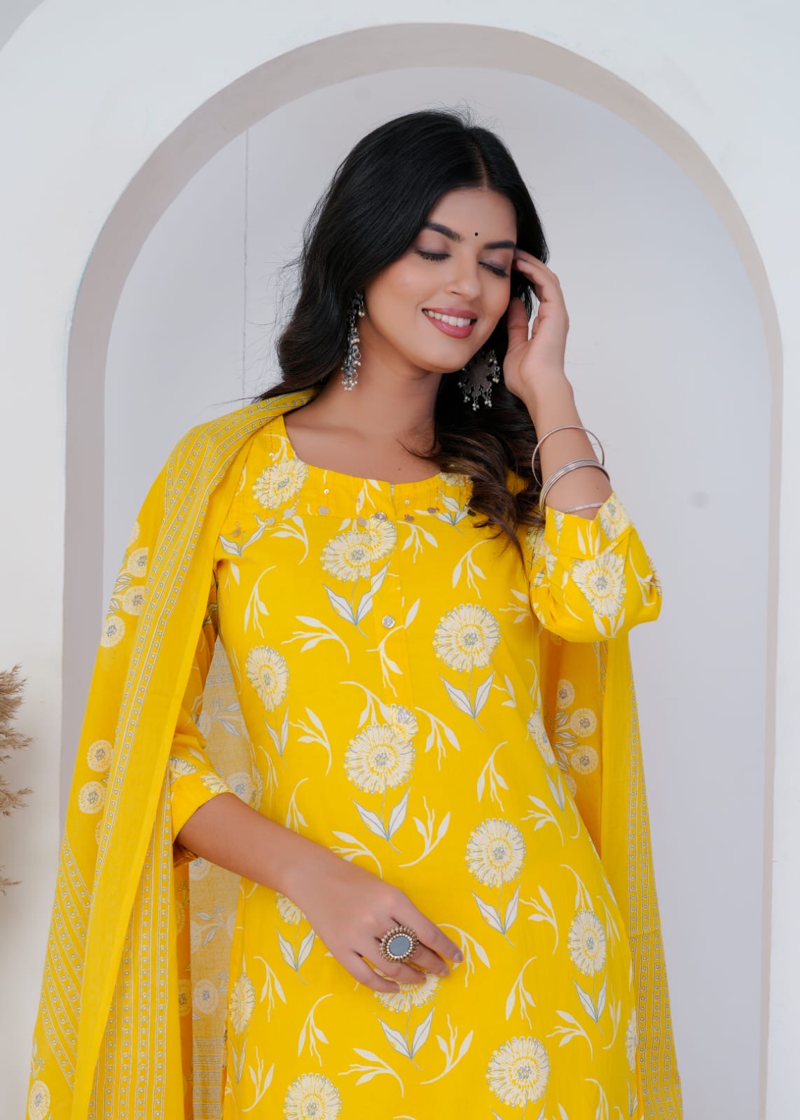 Sunny Yellow Cotton Chudidhar Set with Elegant Thread Work