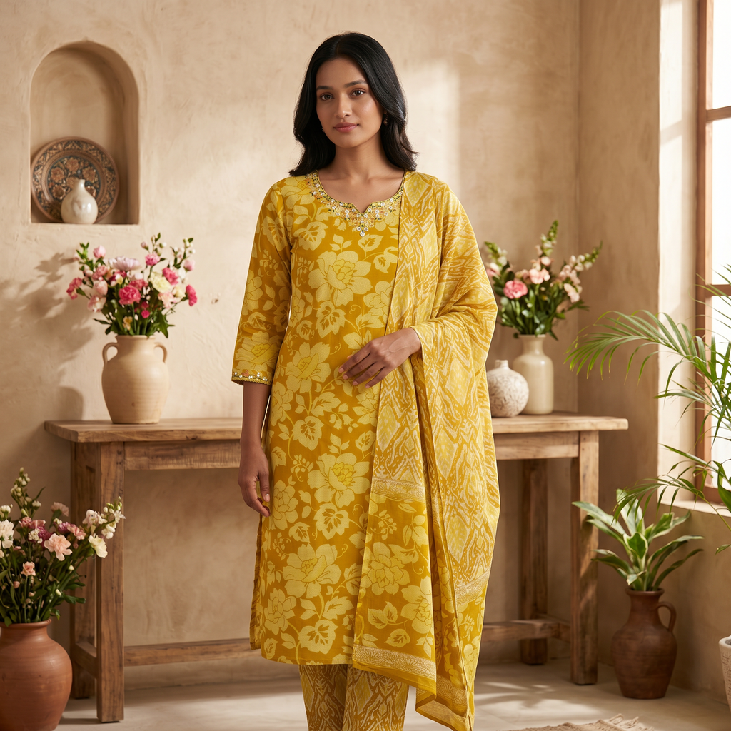 Mustard & Pink Pure Cotton Chudidhar Set with Dual Tone Embroidery
