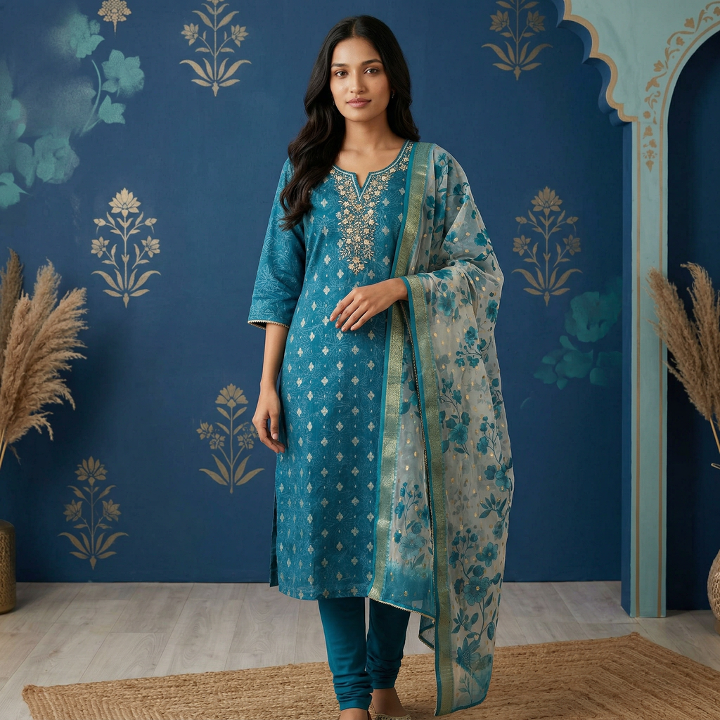 Teal Blue Premium Tissue Chudidhar Set with Embroidery & Organza Dupatta