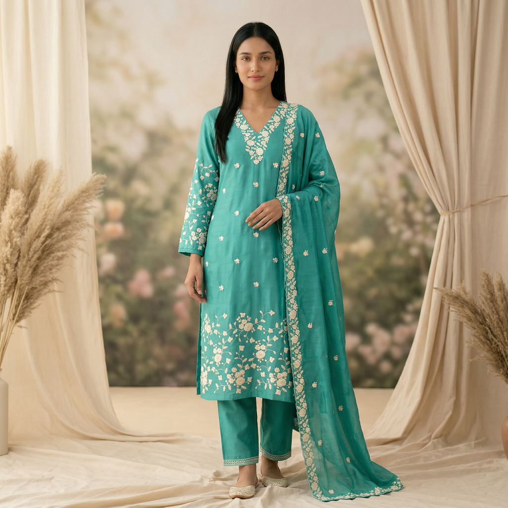 Aqua Blue Blue Premium Silk Chudidhar Set with Embroidery & Organza Dupatta
