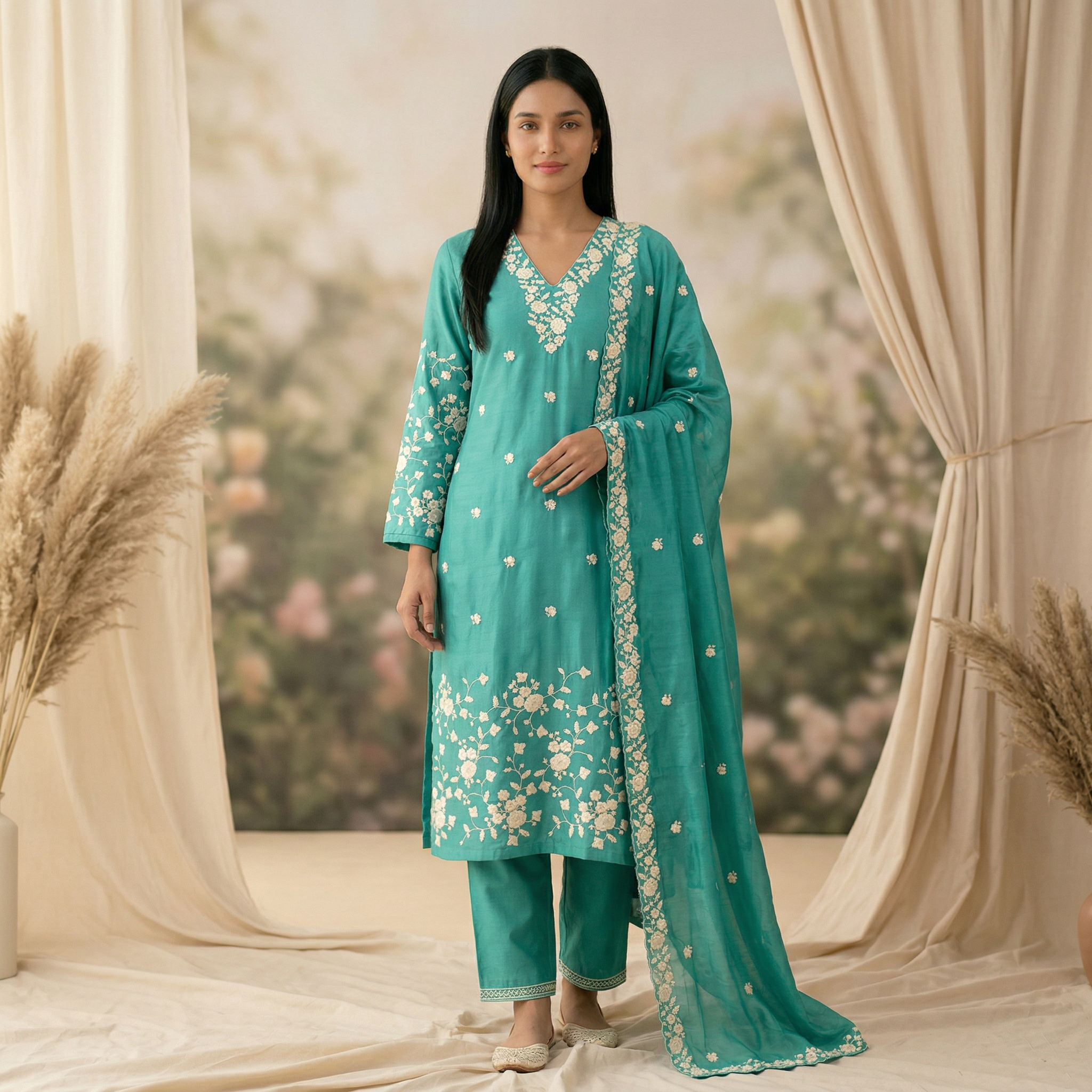 Aqua Blue Blue Premium Silk Chudidhar Set with Embroidery & Organza Dupatta