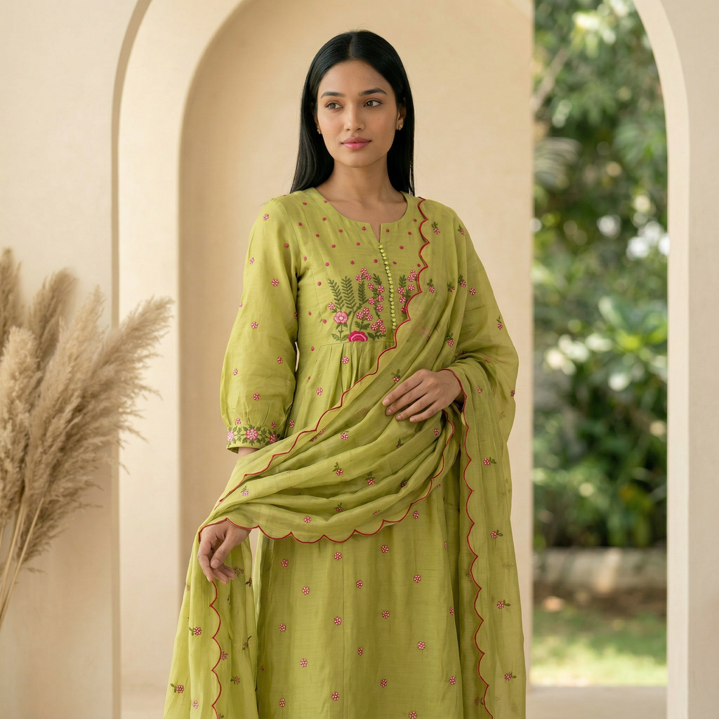 Pista Green Mul Chanderi Chudidhar Set with Embroidery Work