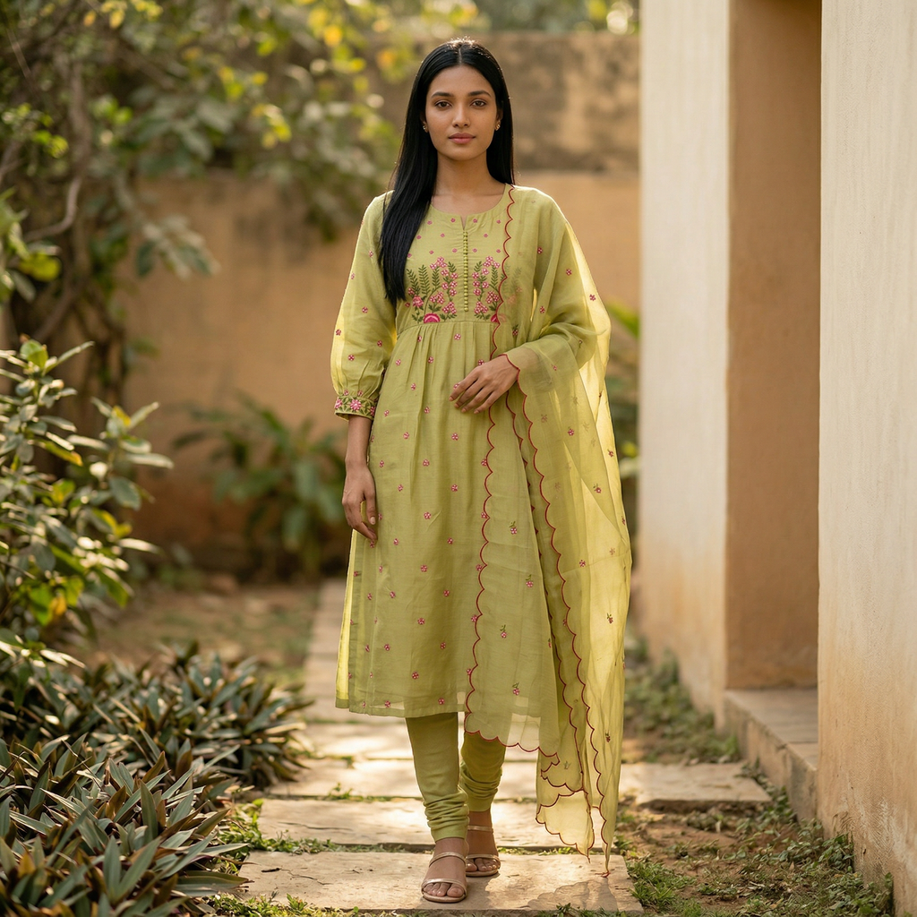 Pista Green Mul Chanderi Chudidhar Set with Embroidery Work