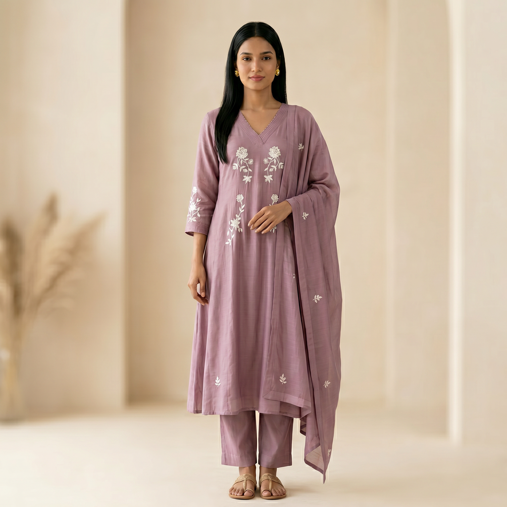Lavender Mul Chanderi Chudidhar Set with Embroidery Work