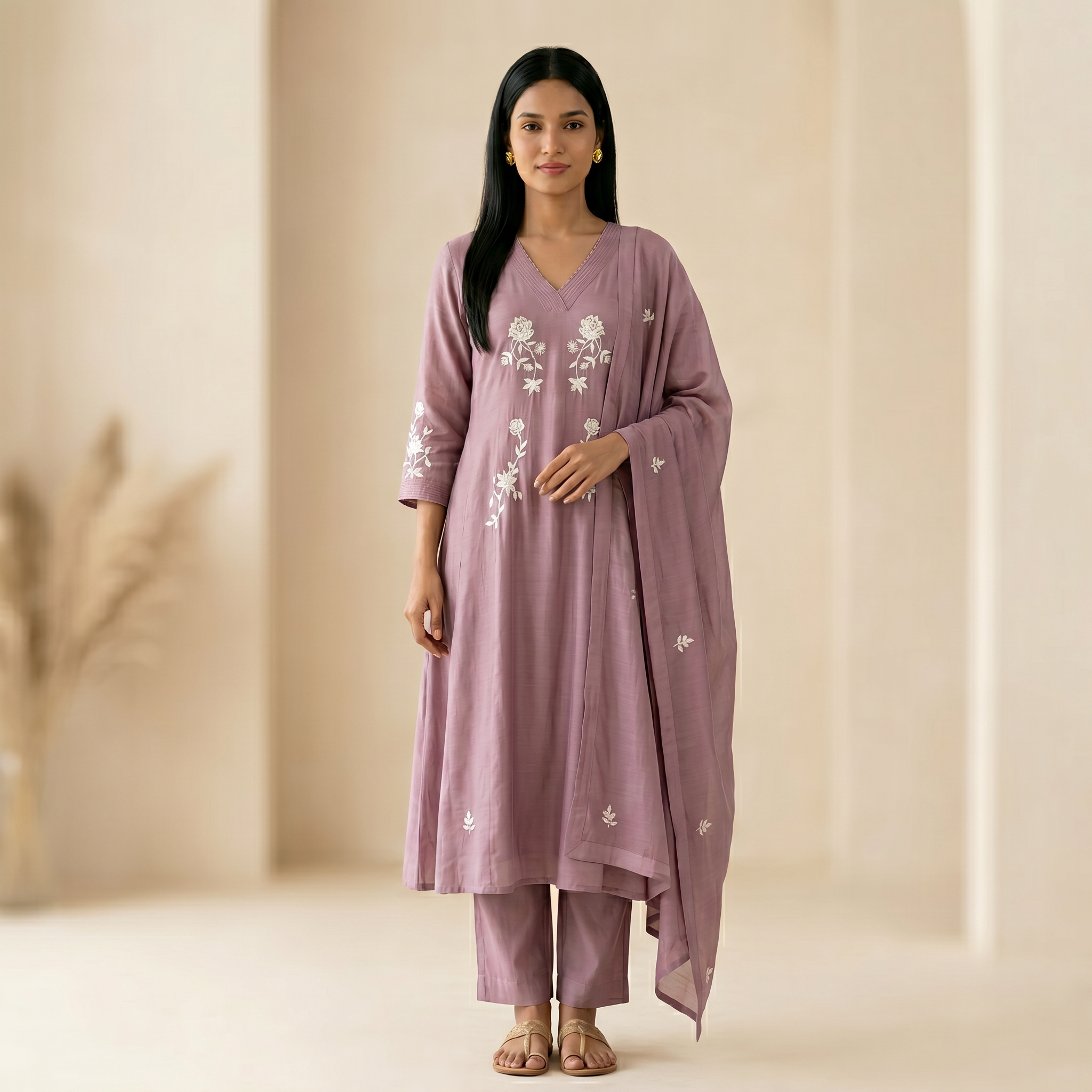 Lavender Mul Chanderi Chudidhar Set with Embroidery Work