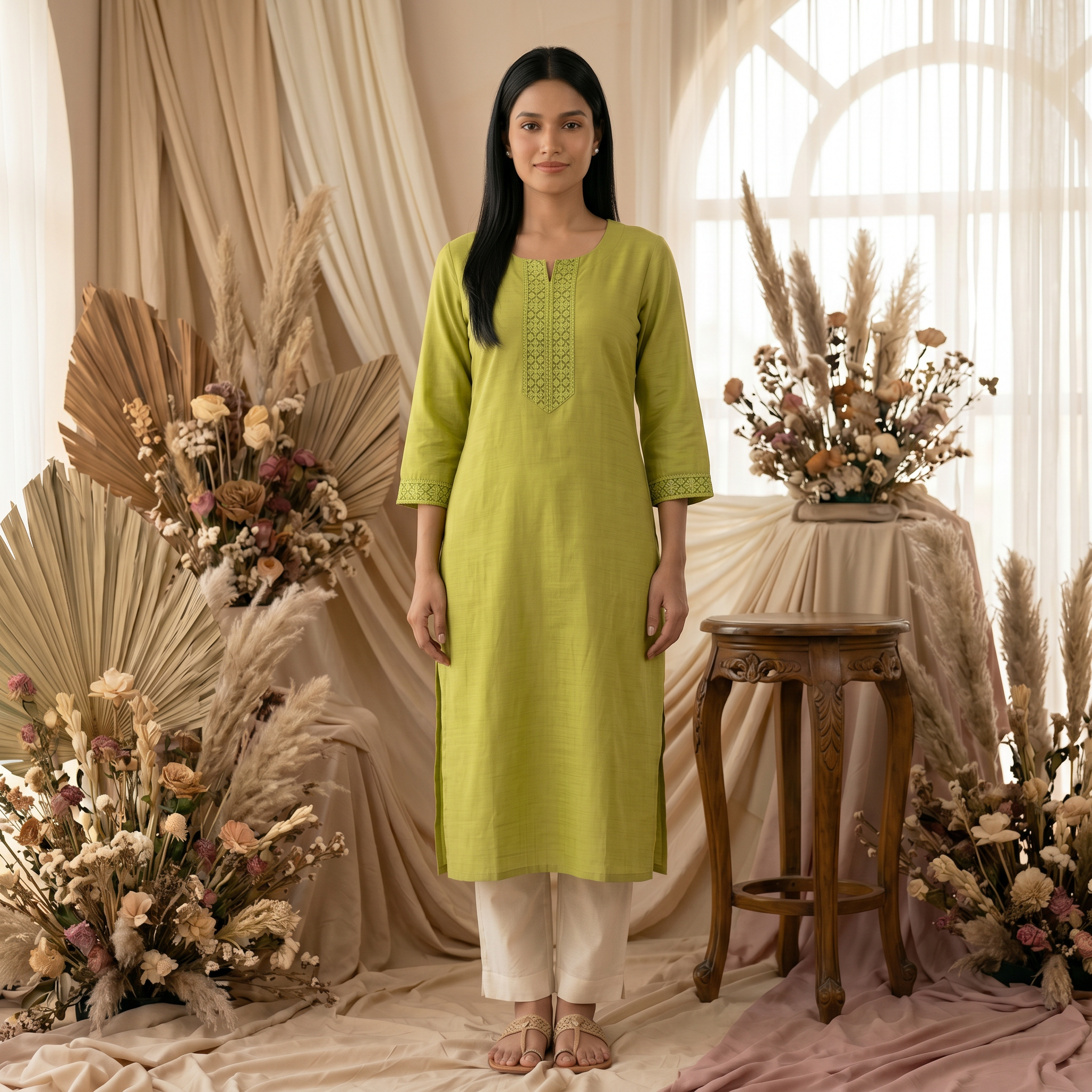 Pista Green & Baby Pink Soft Fabric Top with Embroidery Work