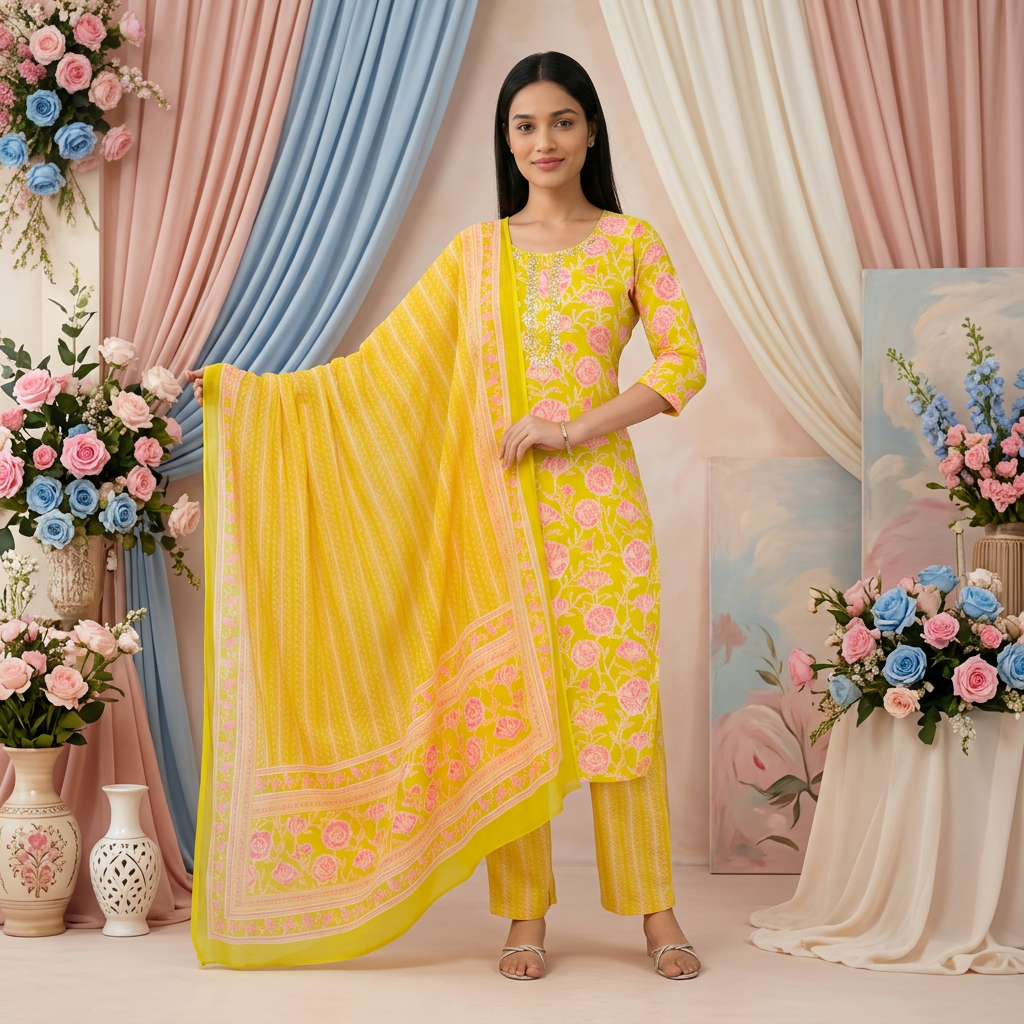 Lemon Yellow & Teal Pure Cotton Chudidhar Set with Subtle Sequin Detailing