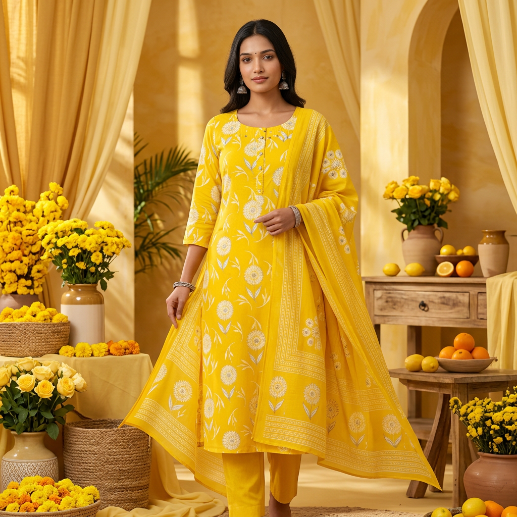 Sunny Yellow Cotton Chudidhar Set with Elegant Thread Work