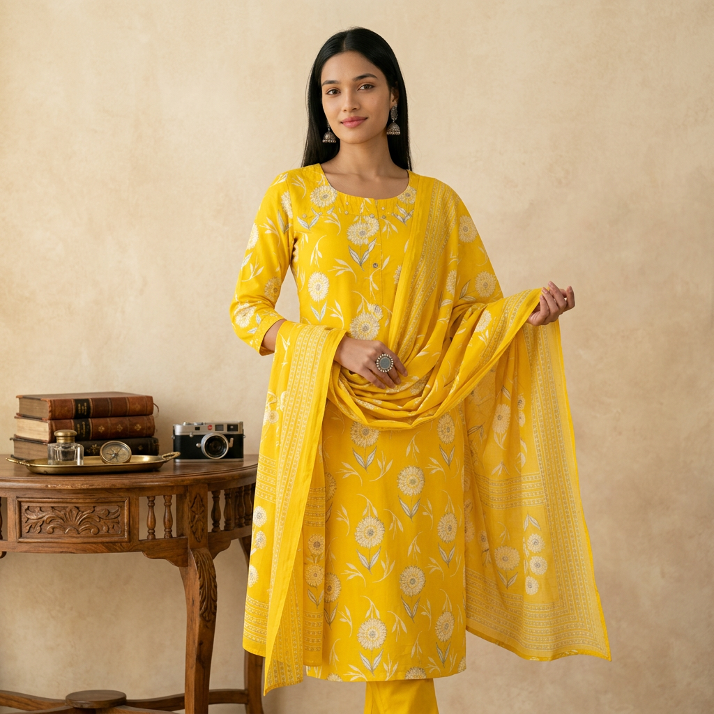 Sunny Yellow Cotton Chudidhar Set with Elegant Thread Work