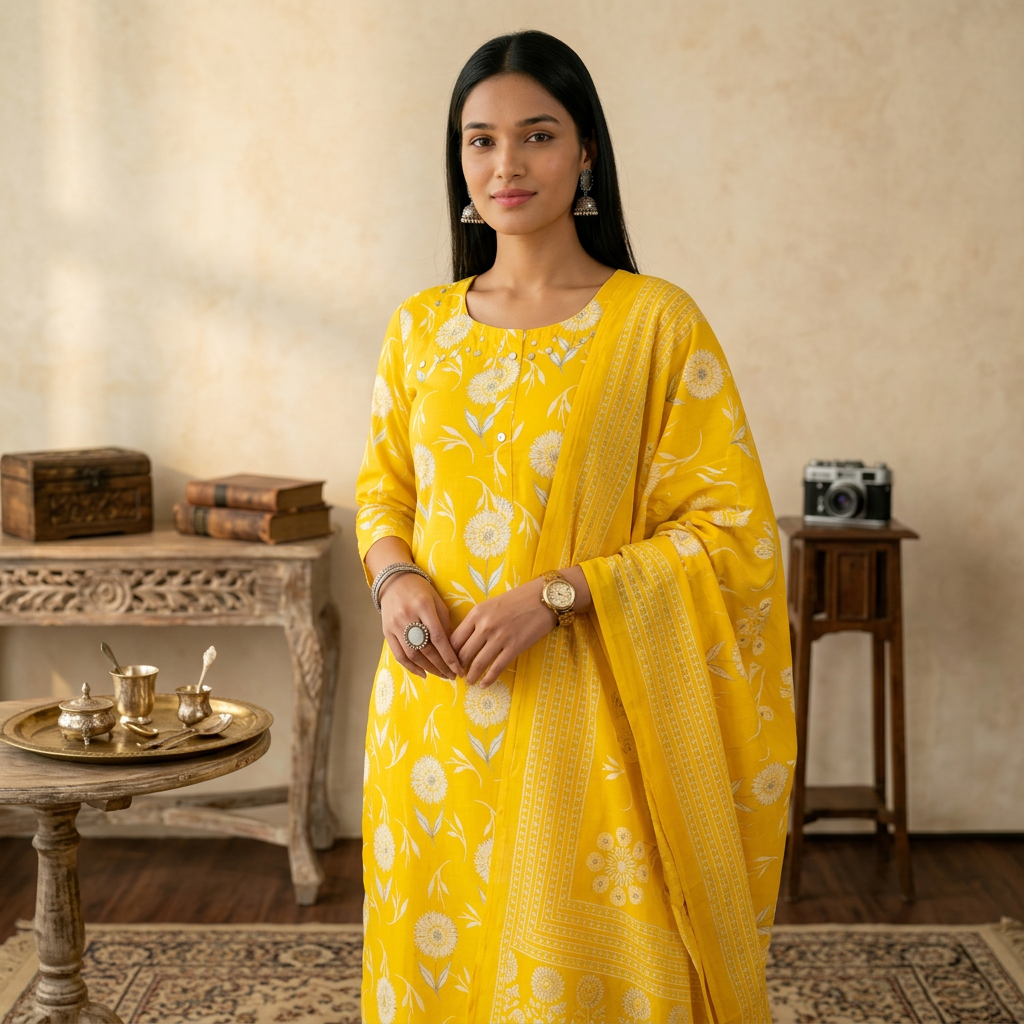 Sunny Yellow Cotton Chudidhar Set with Elegant Thread Work