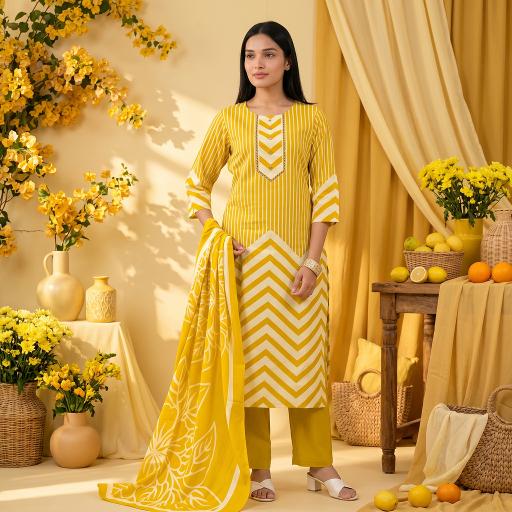 Golden Yellow & Navy Blue Pure Cotton Chudidhar Set with Traditional Embroidery
