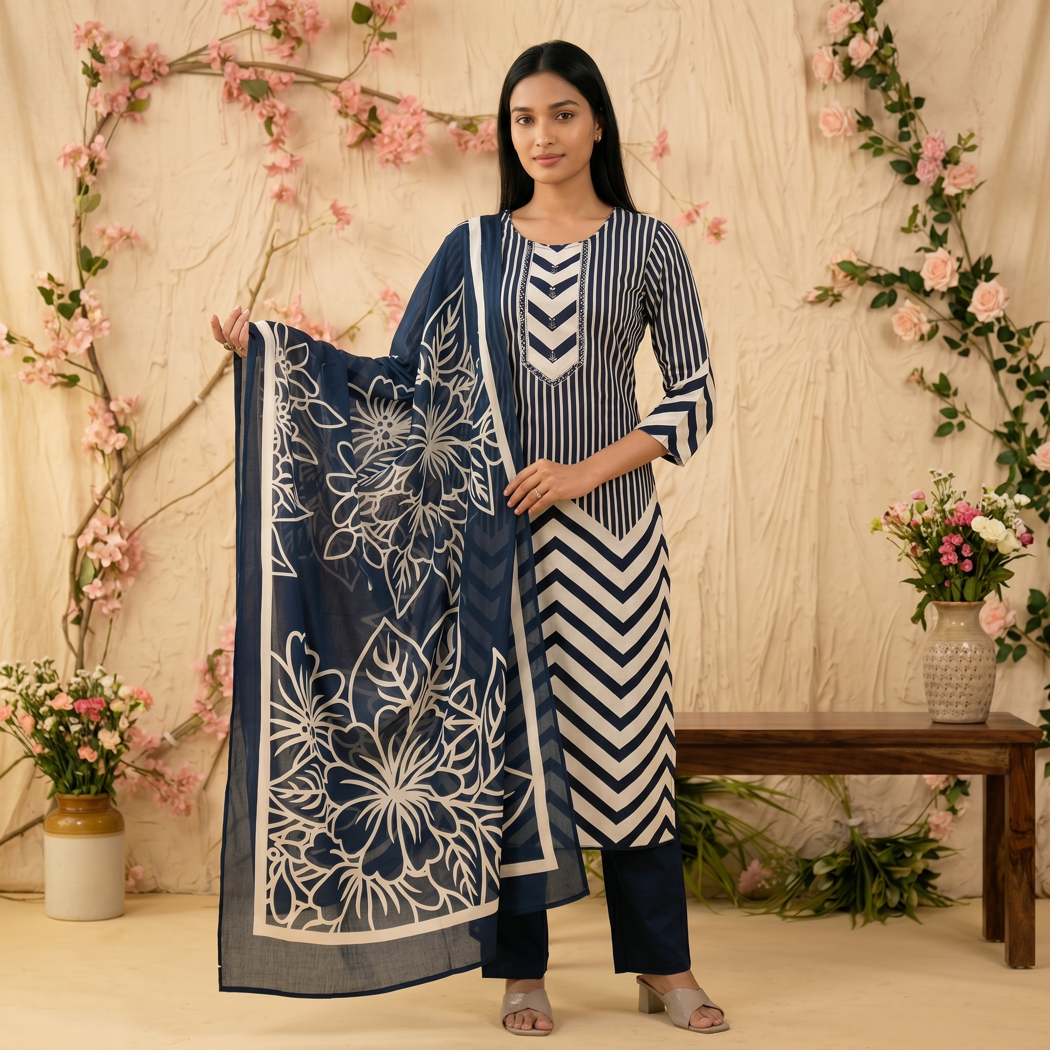 Golden Yellow & Navy Blue Pure Cotton Chudidhar Set with Traditional Embroidery