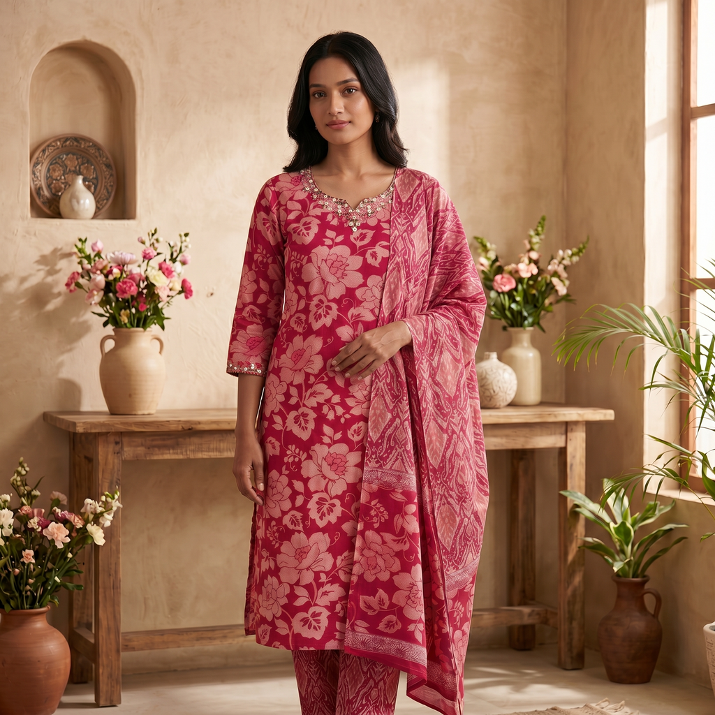 Mustard & Pink Pure Cotton Chudidhar Set with Dual Tone Embroidery