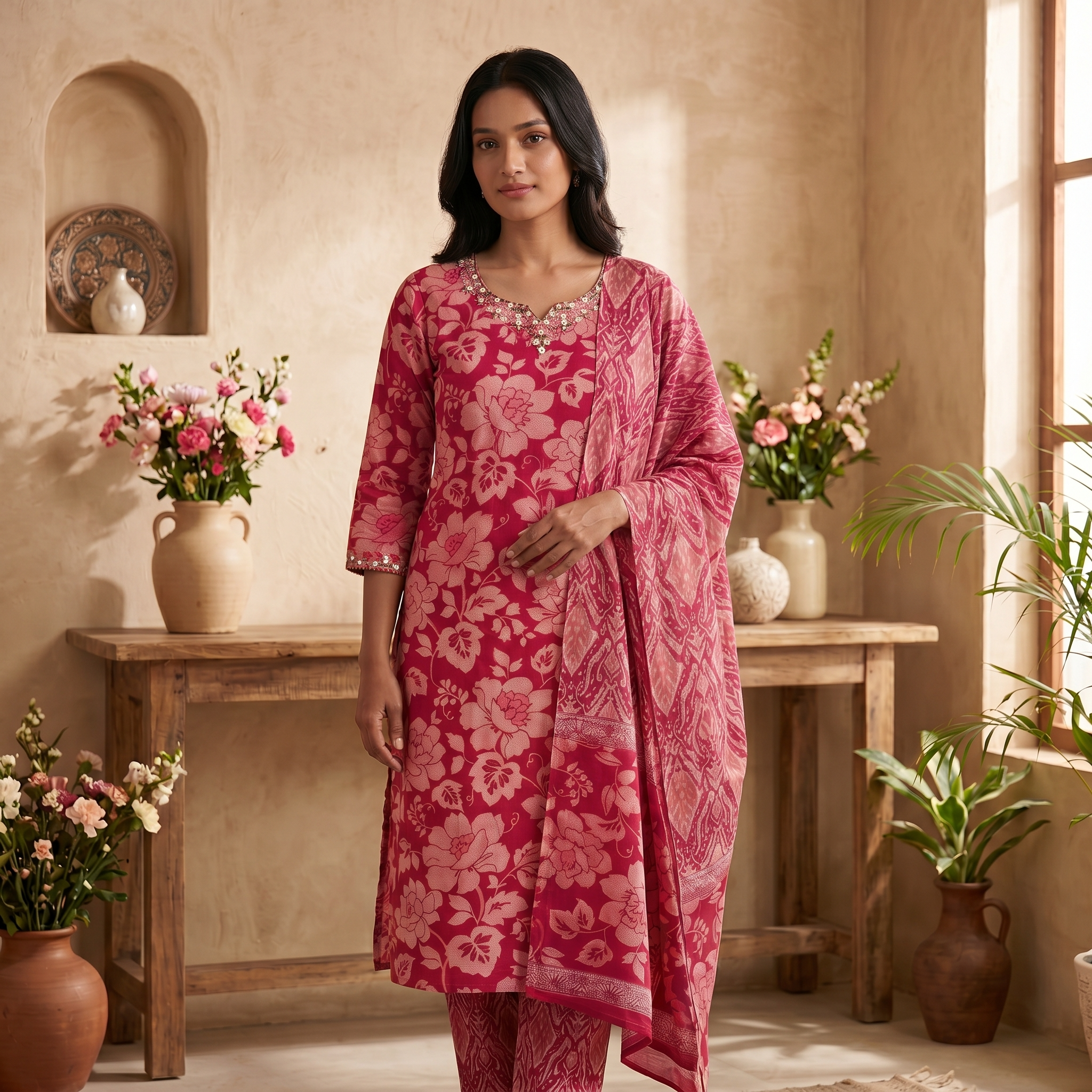 Mustard & Pink Pure Cotton Chudidhar Set with Dual Tone Embroidery