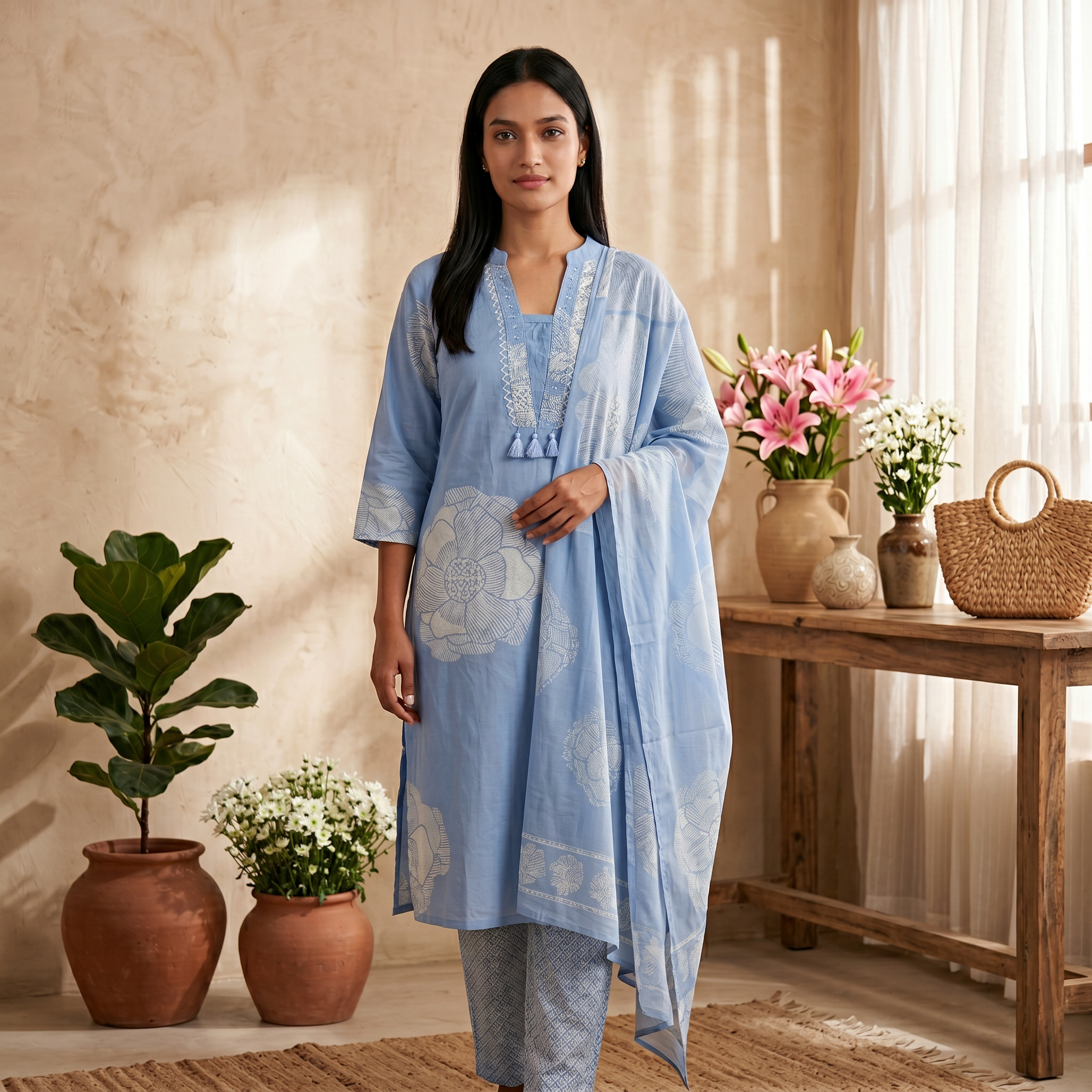 Baby Blue & Pink Pure Cotton Chudidhar Set