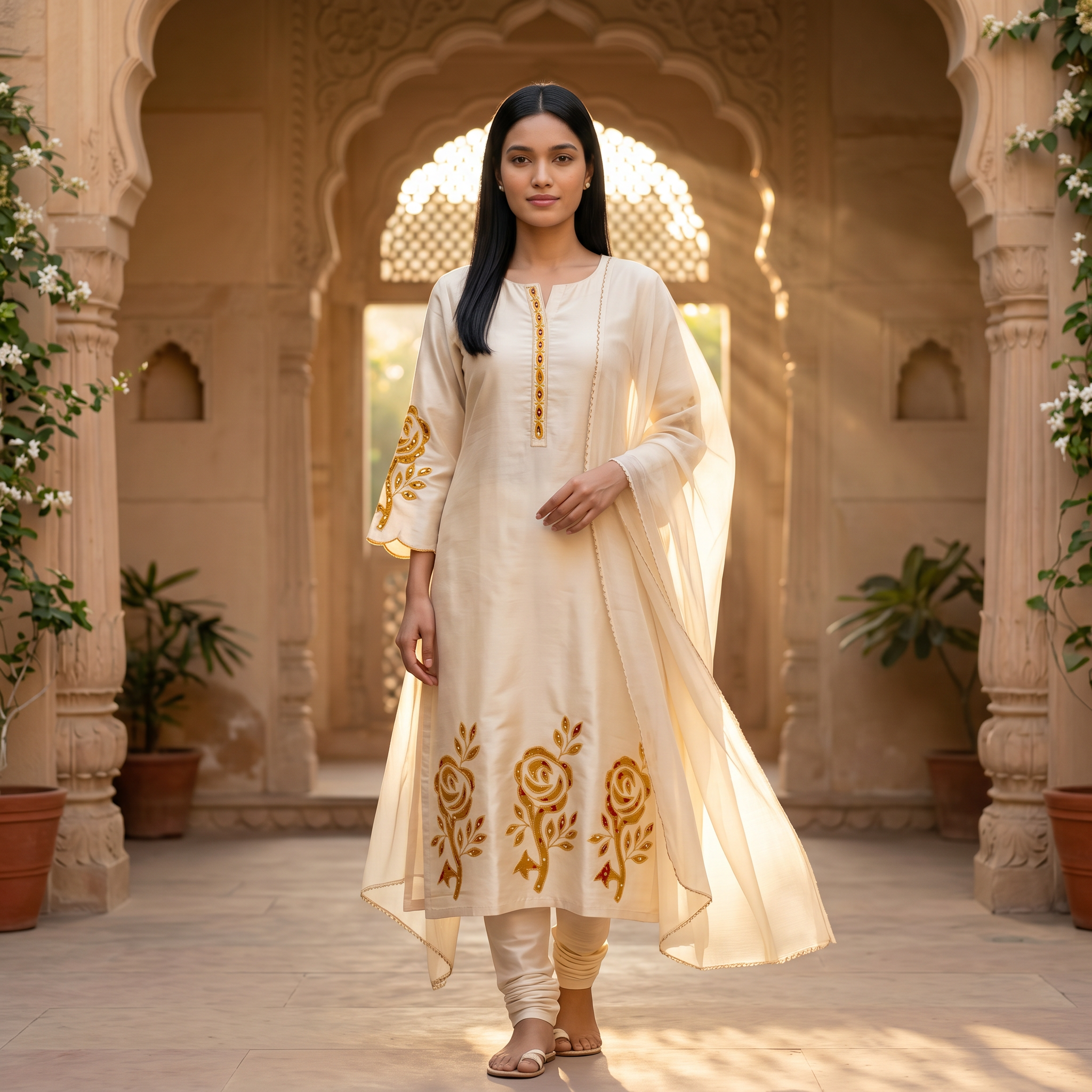 Cream Premium Tissue Chudidhar Set with Embroidery & Organza Dupatta