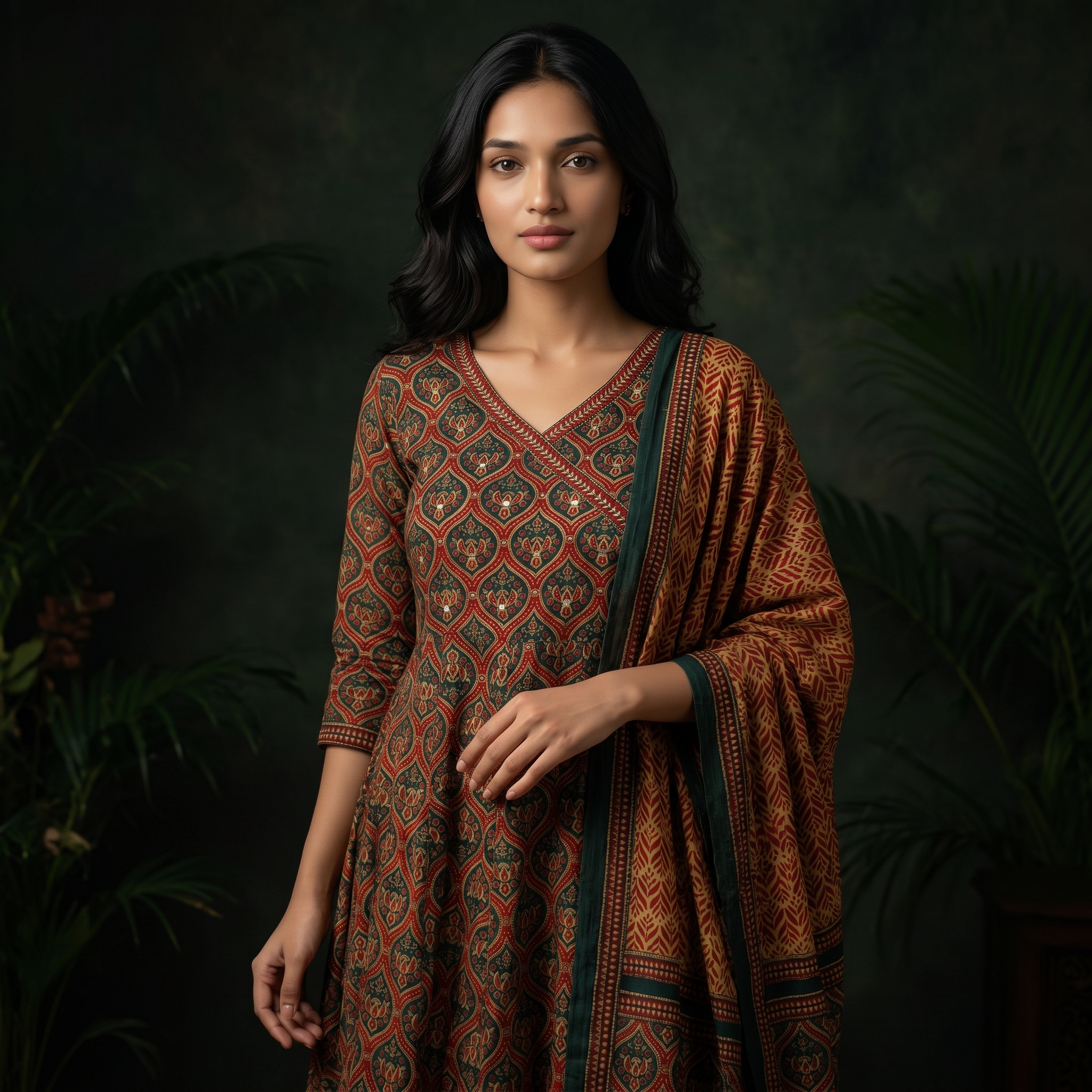 Rust Brown Pure Cotton Chudidhar Set with Hand Embroidery Work