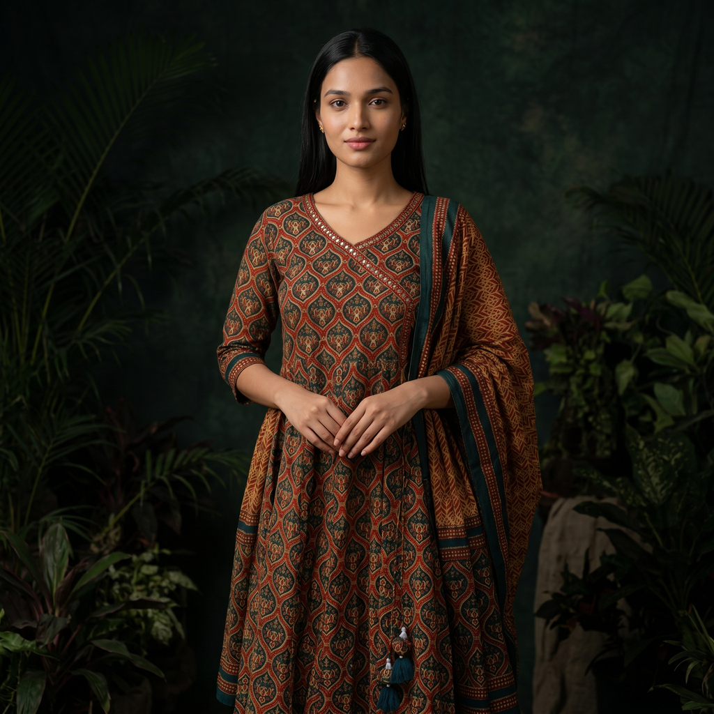 Rust Brown Pure Cotton Chudidhar Set with Hand Embroidery Work