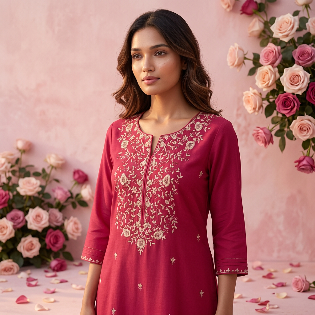 White & Dark Pink Soft Fabric Top with Embroidery Work
