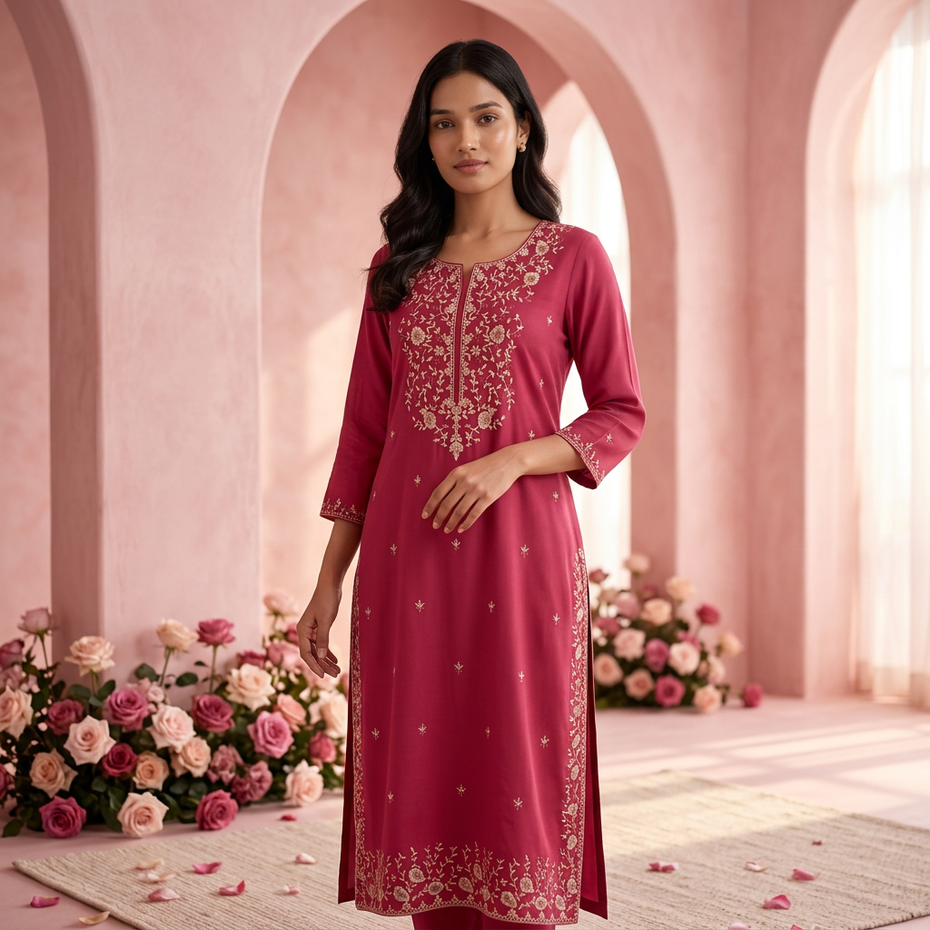 White & Dark Pink Soft Fabric Top with Embroidery Work