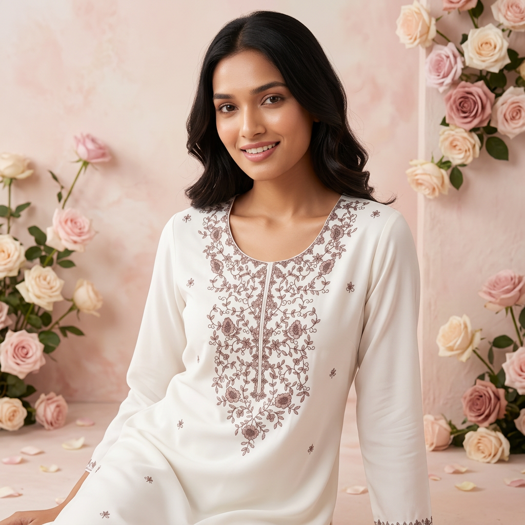 White & Dark Pink Soft Fabric Top with Embroidery Work
