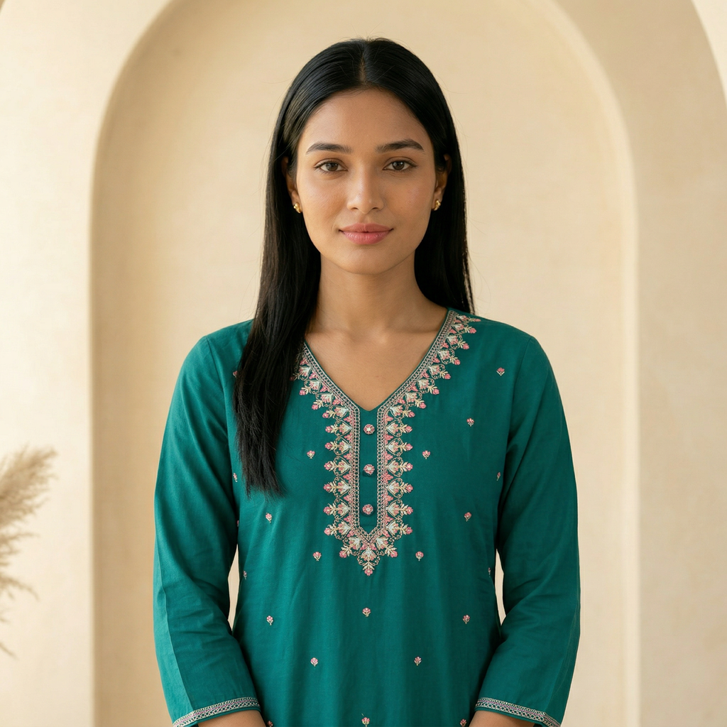 Mustard Yellow & Teal Green Soft Fabric Top with Embroidery Work