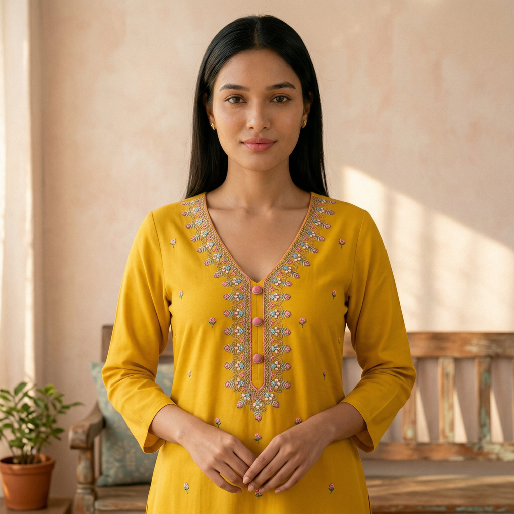 Mustard Yellow & Teal Green Soft Fabric Top with Embroidery Work