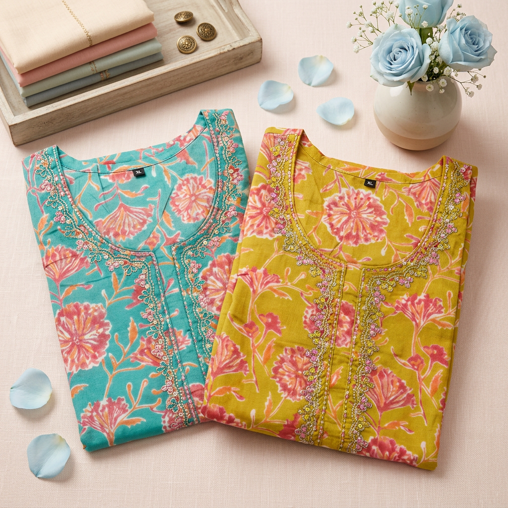 Lemon Yellow & Teal Pure Cotton Chudidhar Set with Subtle Sequin Detailing