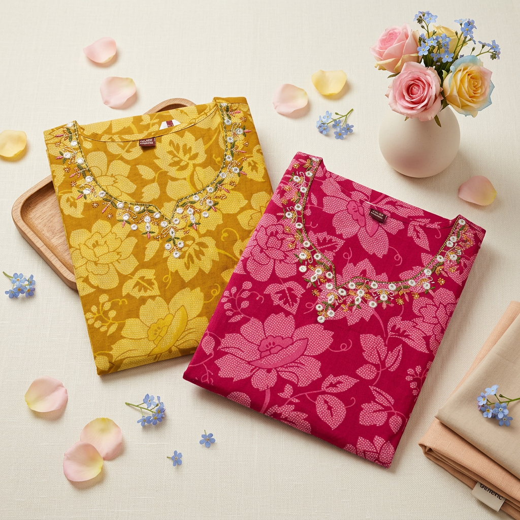 Mustard & Pink Pure Cotton Chudidhar Set with Dual Tone Embroidery