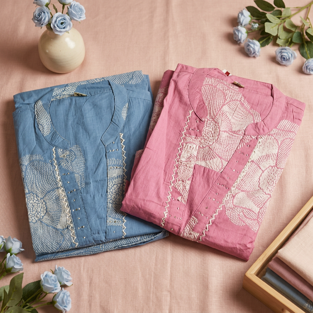 Baby Blue & Pink Pure Cotton Chudidhar Set