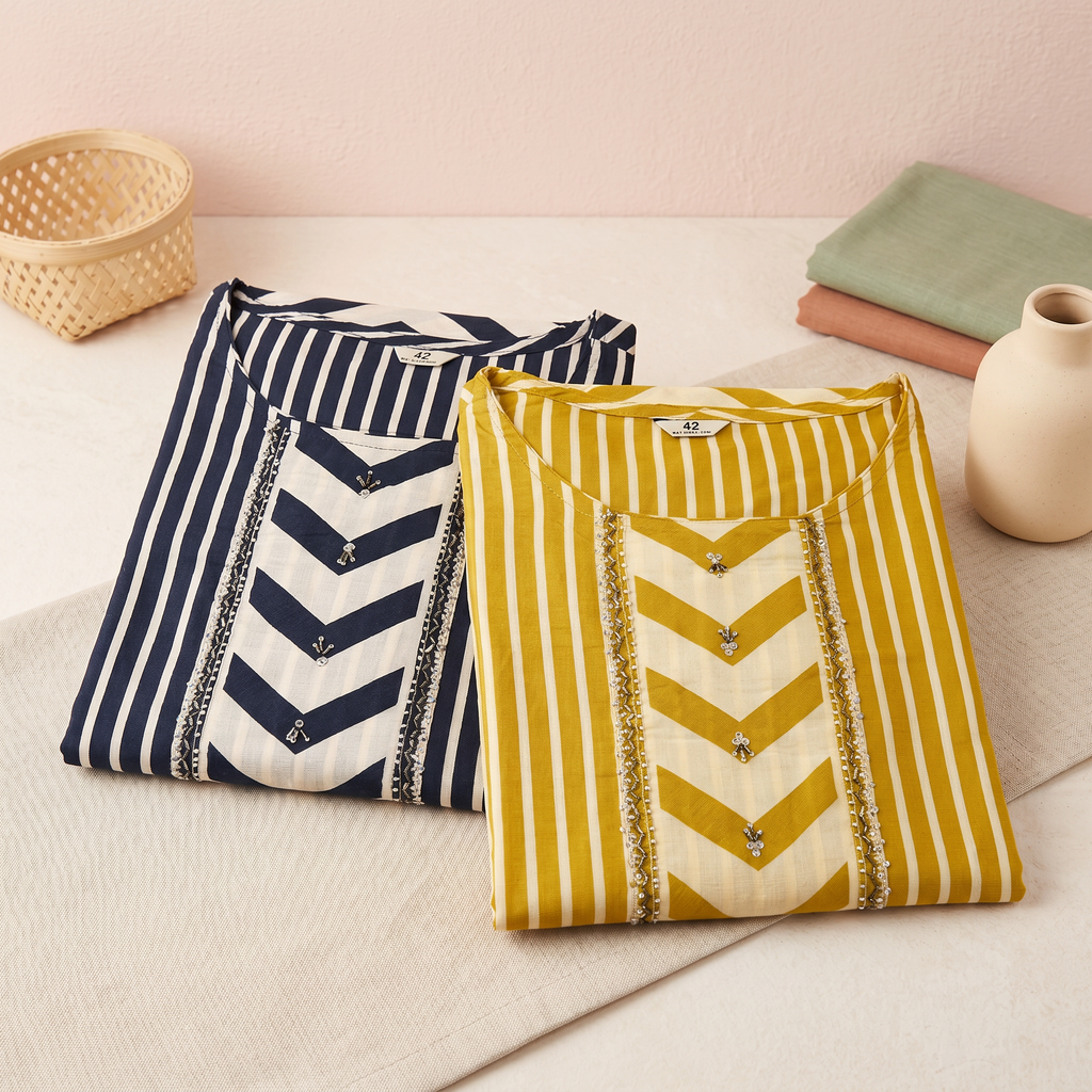 Golden Yellow & Navy Blue Pure Cotton Chudidhar Set with Traditional Embroidery