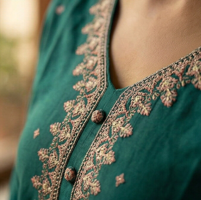 Mustard Yellow & Teal Green Soft Fabric Top with Embroidery Work