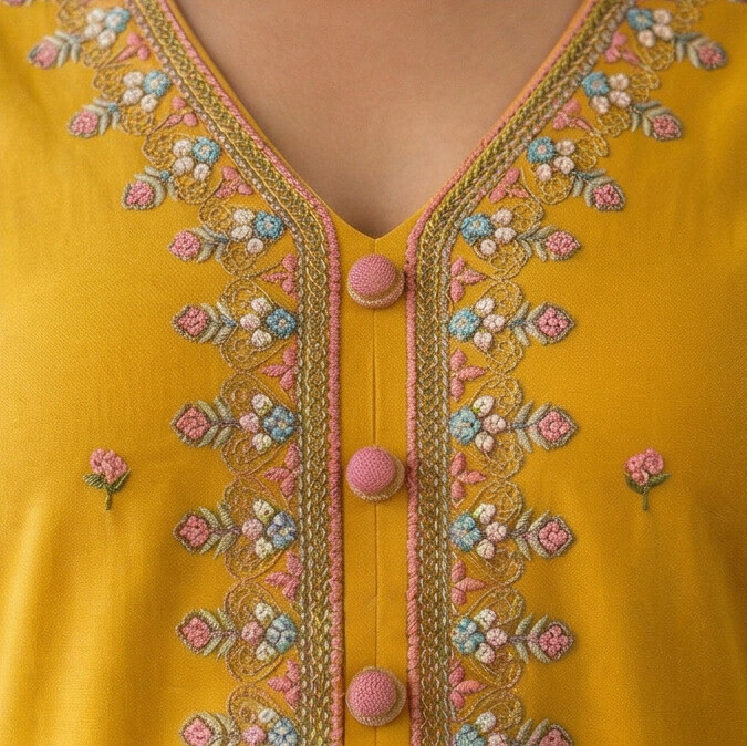 Mustard Yellow & Teal Green Soft Fabric Top with Embroidery Work