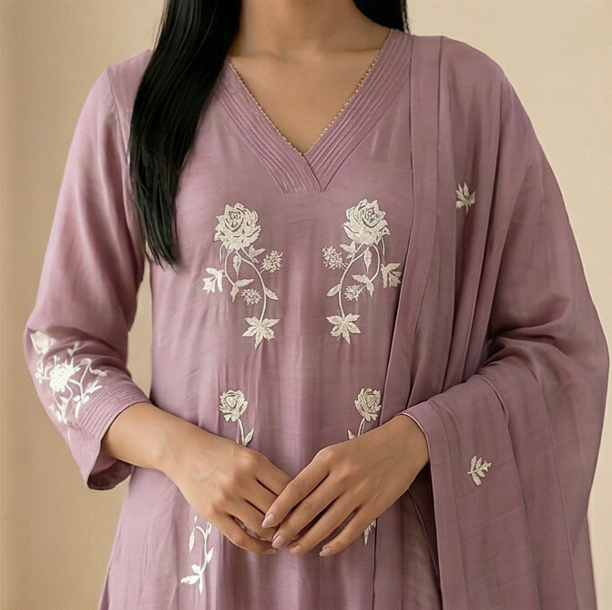 Lavender Mul Chanderi Chudidhar Set with Embroidery Work