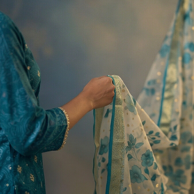 Teal Blue Premium Tissue Chudidhar Set with Embroidery & Organza Dupatta