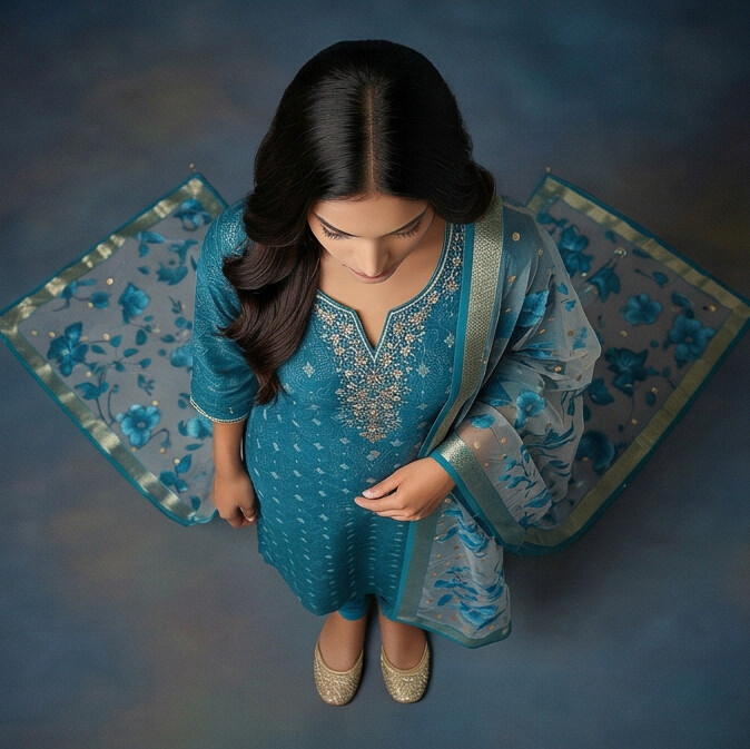 Teal Blue Premium Tissue Chudidhar Set with Embroidery & Organza Dupatta