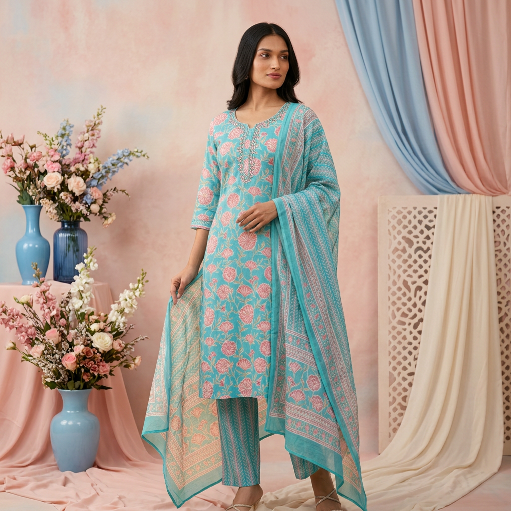 Lemon Yellow & Teal Pure Cotton Chudidhar Set with Subtle Sequin Detailing