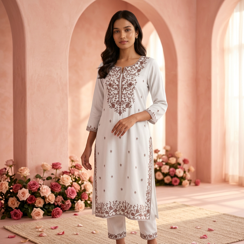 White & Dark Pink Soft Fabric Top with Embroidery Work